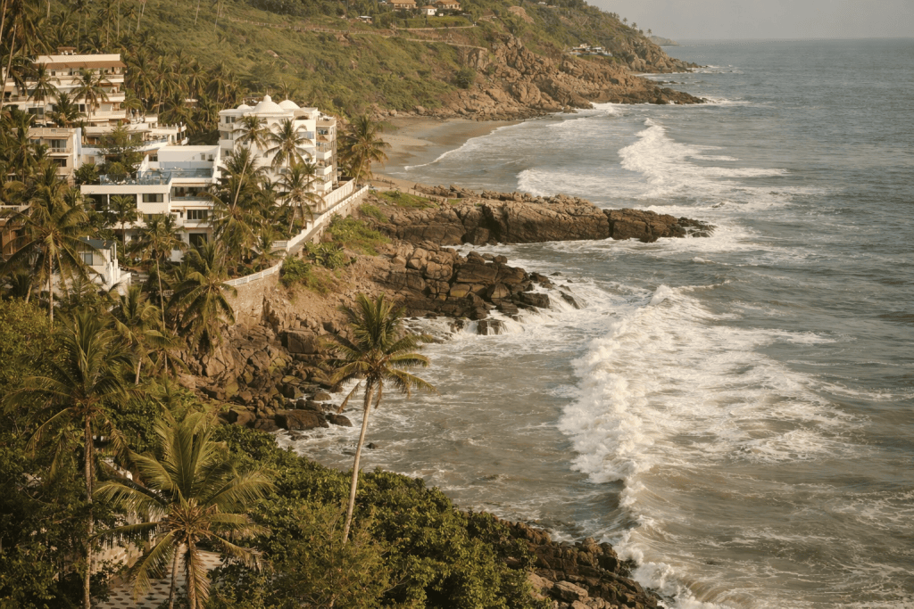 Aerial view of Kovalam coastline near Hotel Materhorn, Kerala